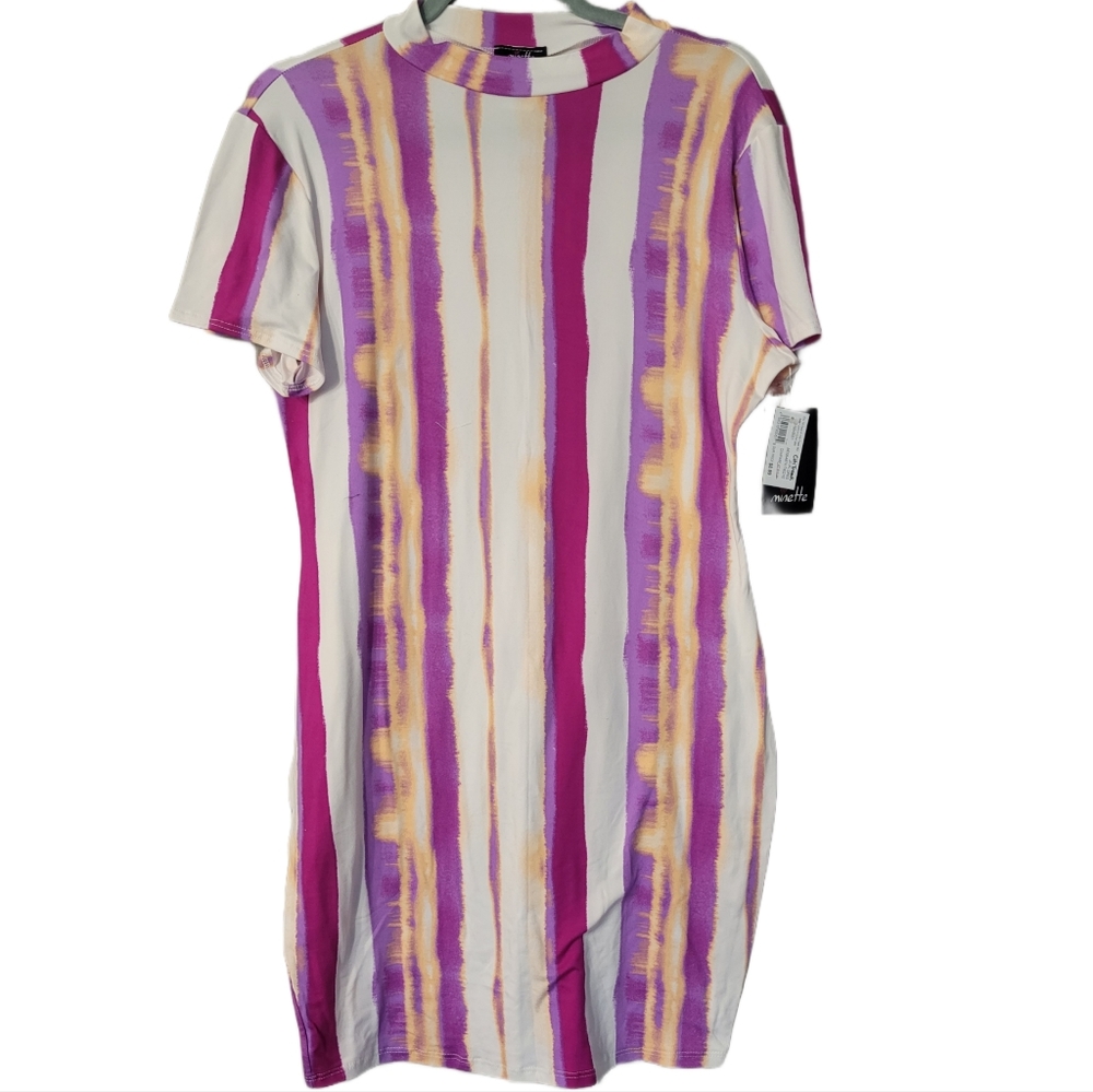 Minette Fitted Short-sleeve Dress Tie-dye Print Size 2XL White Pink